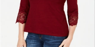 Charter Club Women's Cotton Lace Trim Top Red Size Petite L