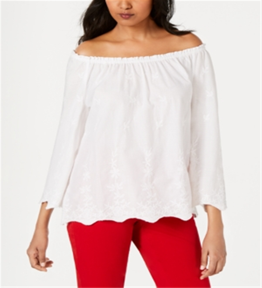 Charter Club Women's Convertible Embroidered Cotton Top White Size Medium