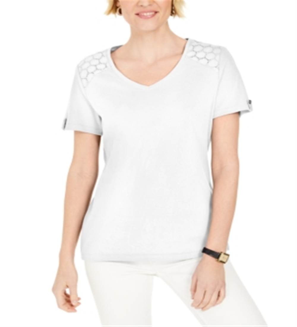 Karen Scott Women's Eyelet Shoulder V Neck Top White Size Large