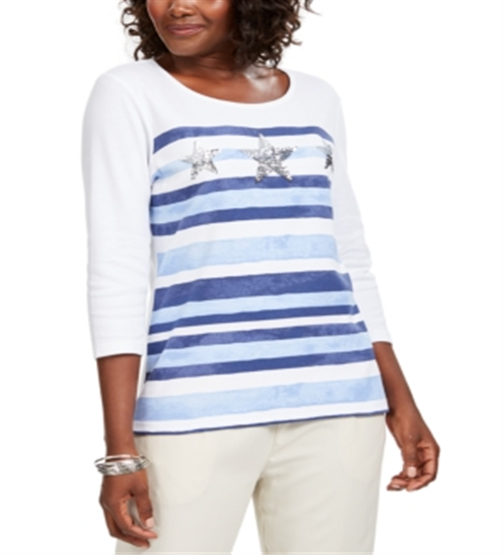 Karen Scott Women's Striped Sequined Top White Size Petite S