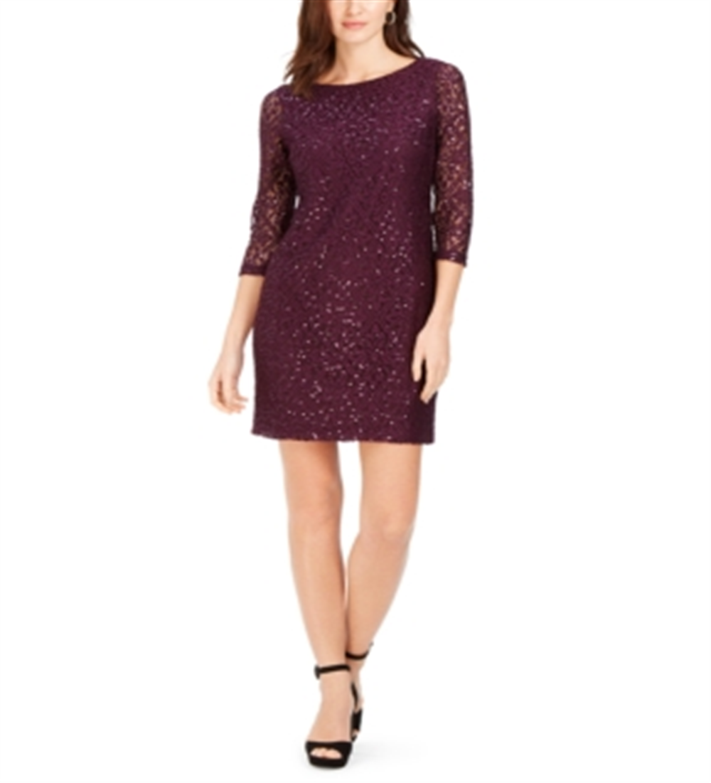 Jessica Howard Women's Long Sleeve Jewel Neck Short Sheath Evening Dress Purple Size 4 Petite