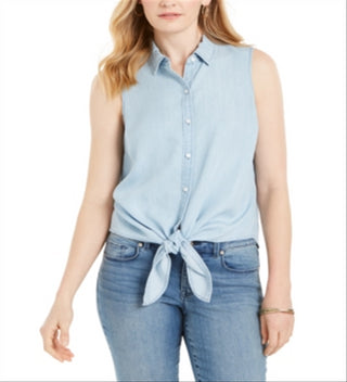 Charter Club Women's Cotton Tie Hem Sleeveless Shirt Blue Size 8