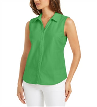 Charter Club Women's Cotton Pique Sleeveless Shirt Green Size 6