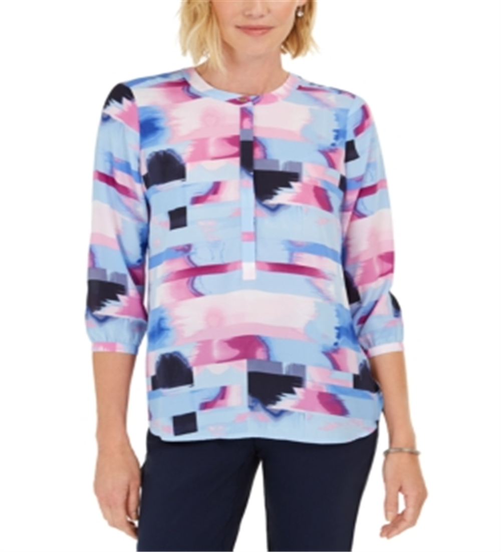 JM Collection Women's Printed Pleated Back Blouse Purple Size Small