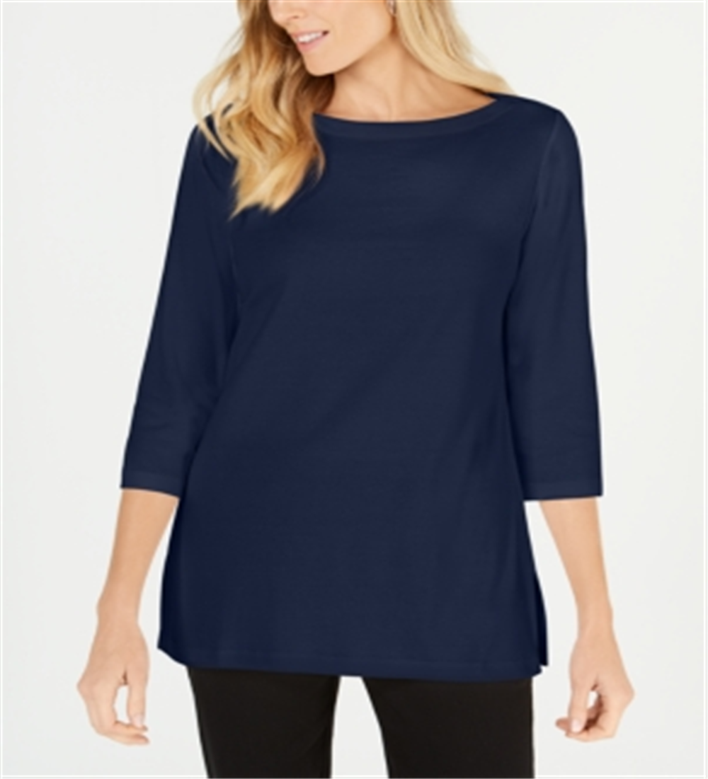Karen Scott Women's Cotton Boat Neck 3/4 Sleeve Knit Top Blue Size X-Small
