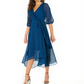 NY Collection Women's Crinkle Chiffon Faux Wrap Dress Blue Size Petite XL