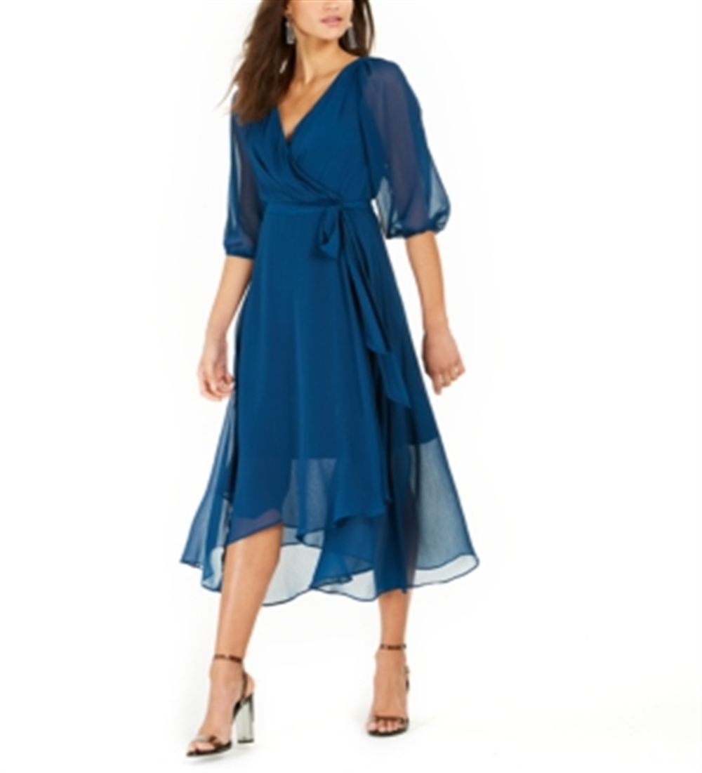 NY Collection Women's Crinkle Chiffon Faux Wrap Dress Blue Size Petite XL