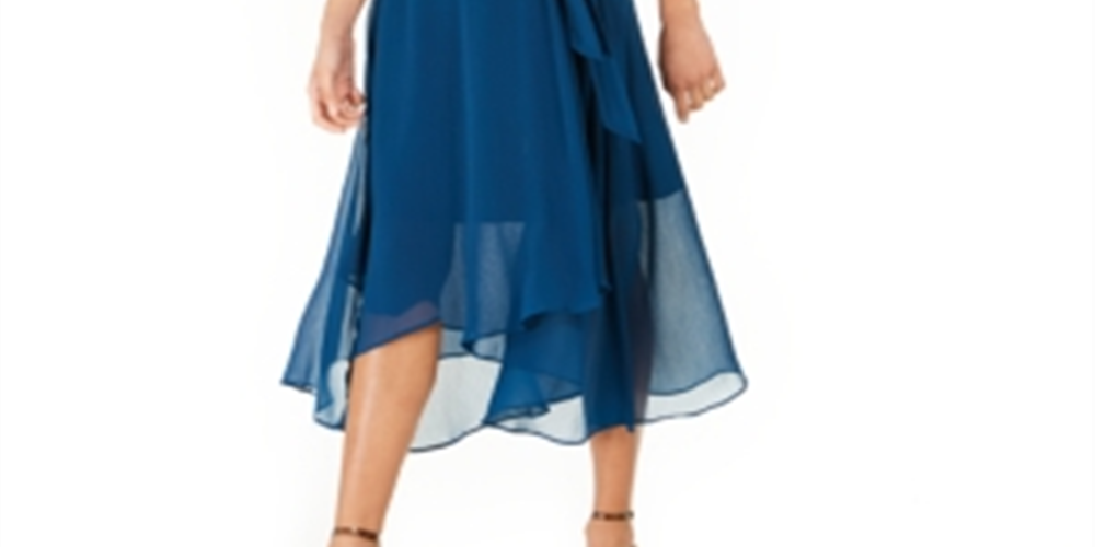 NY Collection Women's Crinkle Chiffon Faux Wrap Dress Blue Size Petite XL