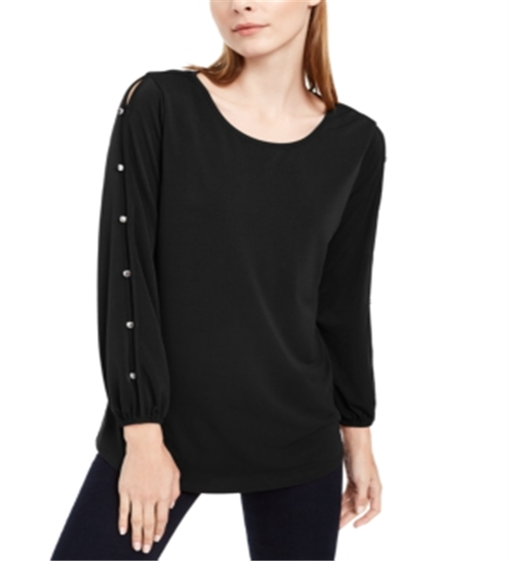 NY Collection Women's Split Sleeve Top Black Size Petite Large