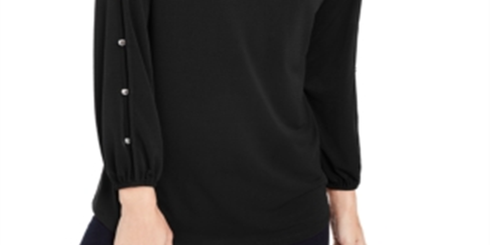 NY Collection Women's Split Sleeve Top Black Size Petite Large