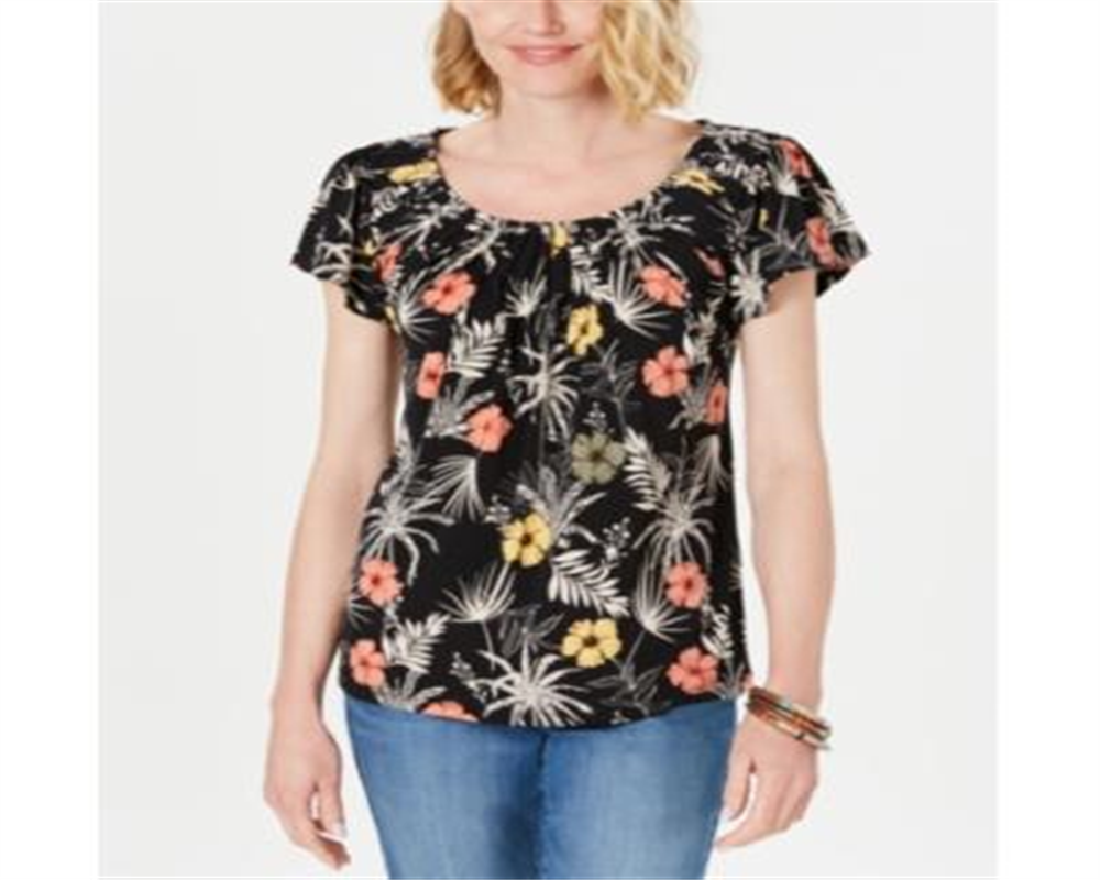 Style & Co Women's Printed Short Sleeve Scoop Neck T-Shirt Top Black Size Petite Small
