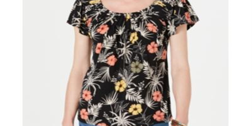 Style & Co Women's Printed Short Sleeve Scoop Neck T-Shirt Top Black Size Petite Small