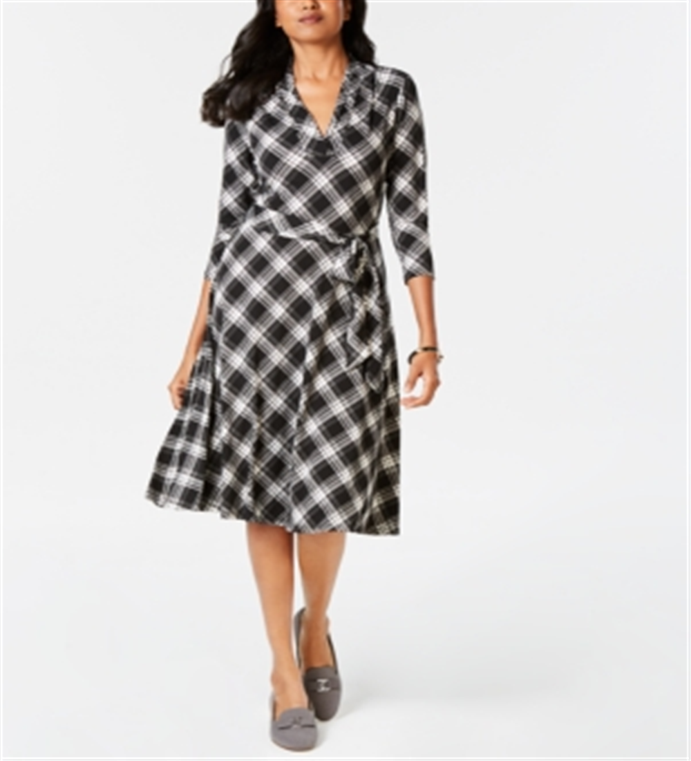 Charter Club Women's Plaid V Neck Dress Black Size XX-Large