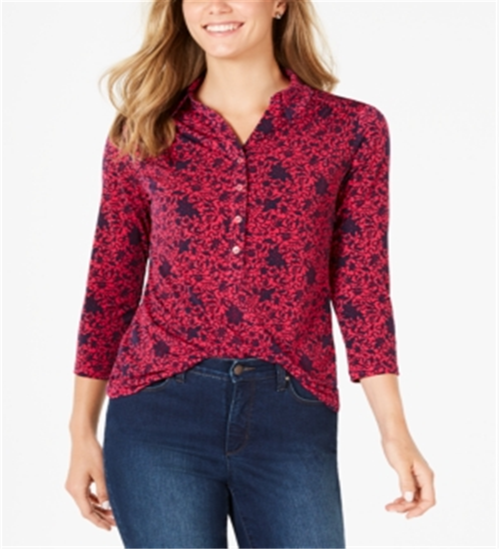 Charter Club Women's 3/4 Sleeve Printed Polo Top Pink Size Medium