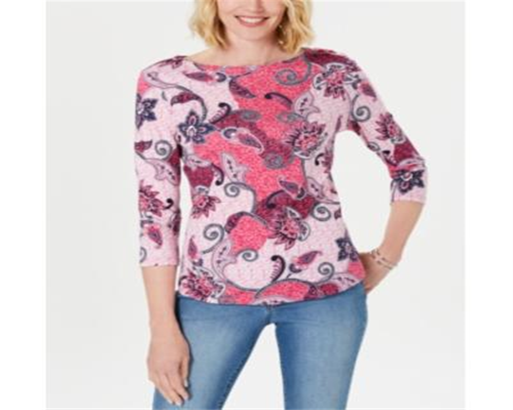 Charter Club Women's Printed Cotton 3/4 Sleeve Top Pink Size XX-Large