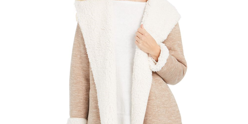 Style & Co Women's Hooded Sherpa Lined Cardigan Brown Size M