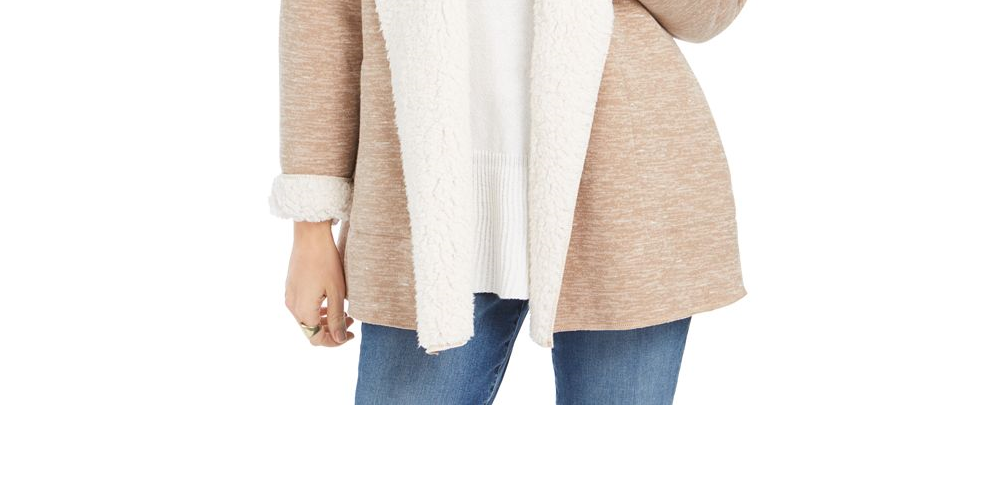 Style & Co Women's Hooded Sherpa Lined Cardigan Brown Size M