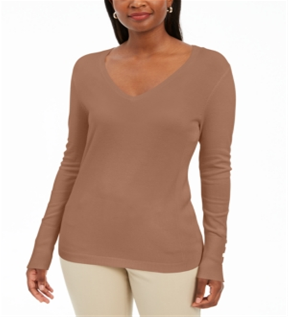 JM Collection Women's Embellished Sleeve V Neck Sweater Brown Size X-Small