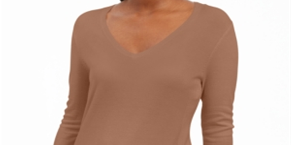 JM Collection Women's Embellished Sleeve V Neck Sweater Brown Size X-Small