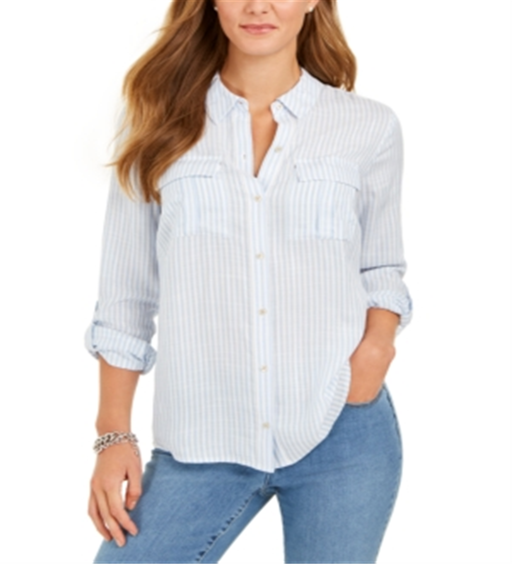 Charter Club Women's Striped Textured Button Down Top Blue Size XX-Large