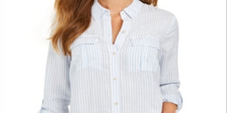 Charter Club Women's Striped Textured Button Down Top Blue Size XX-Large