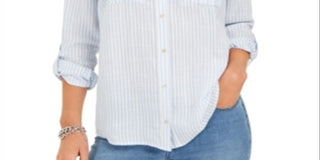 Charter Club Women's Striped Textured Button Down Top Blue Size XX-Large