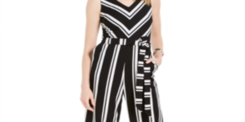 Charter Club Women's Striped Belted Jumpsuit Black Size X-Small