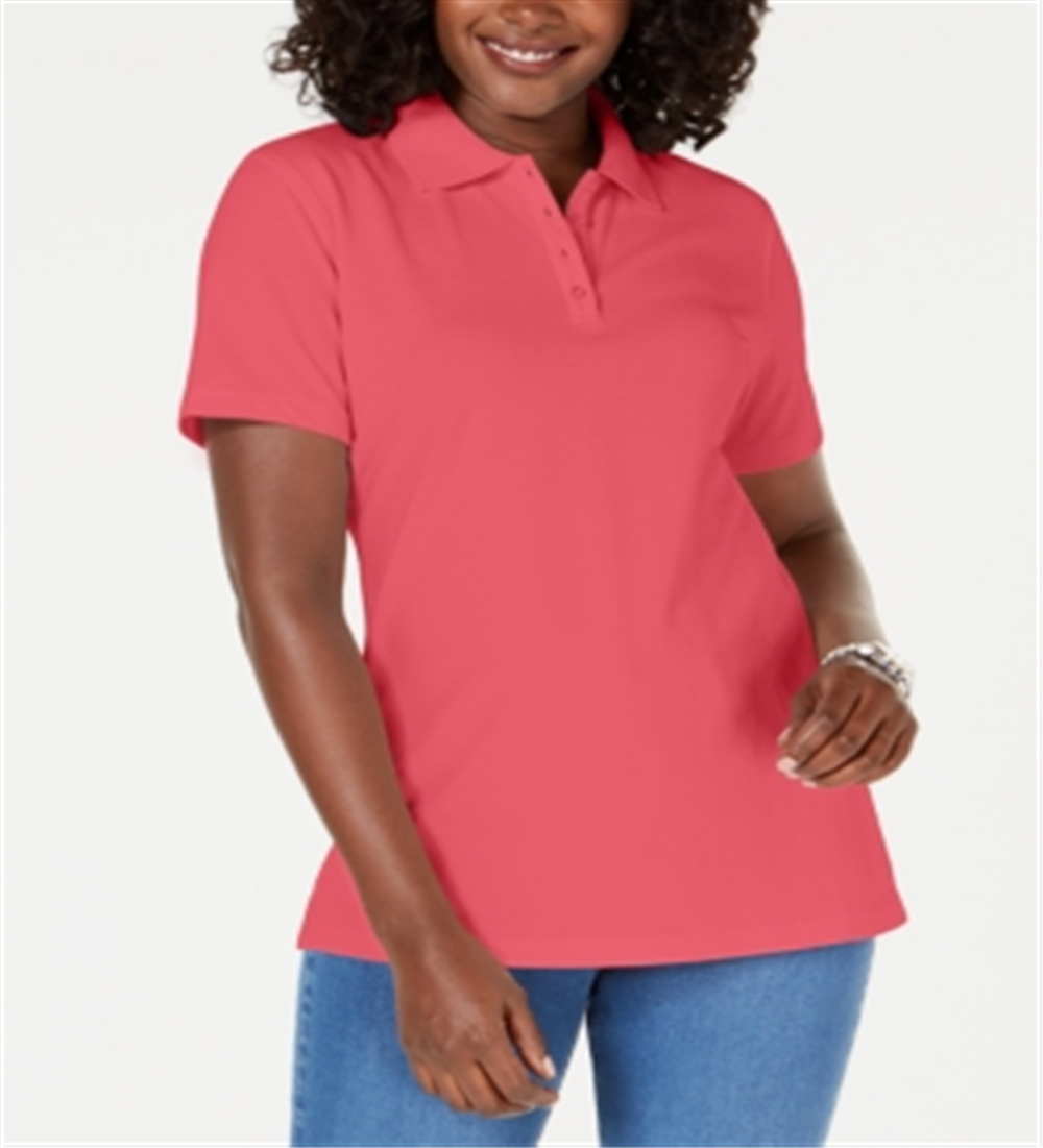 Karen Scott Women's Cotton Polo Shirt Coral Size Small