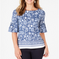 Charter Club Women's Petite Printed Bell Sleeve Top Blue Size Petite Large