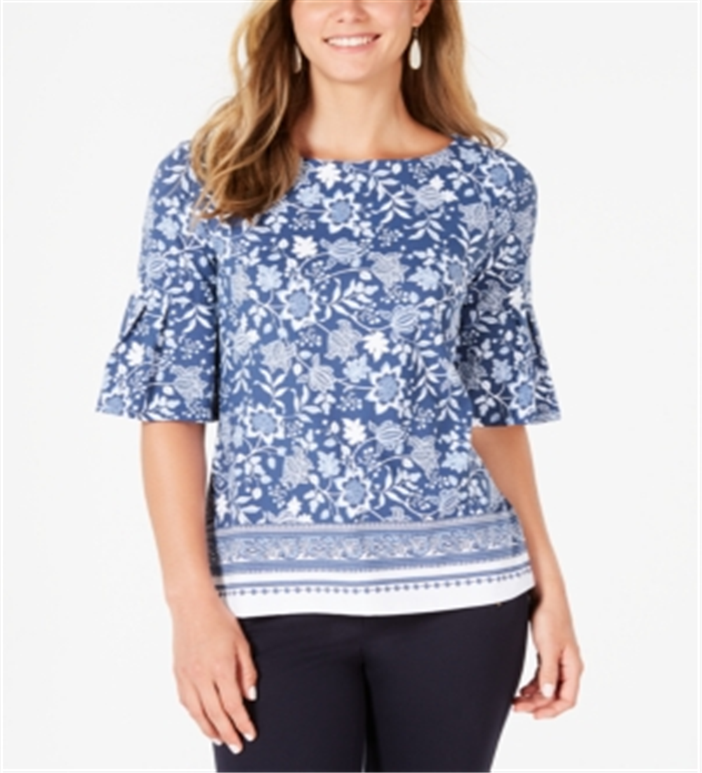 Charter Club Women's Petite Printed Bell Sleeve Top Blue Size Petite Large