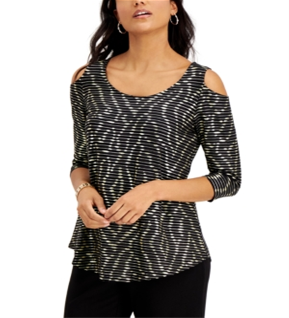 JM Collection Women's Striped Cold Shoulder Top Black Size Medium