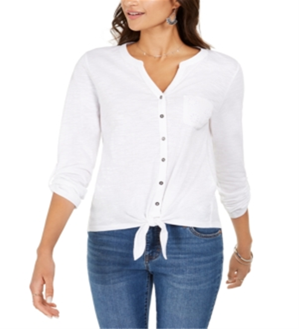 Style & Co Women's Cotton Embroidered Tie Hem Shirt White Size Petite XL