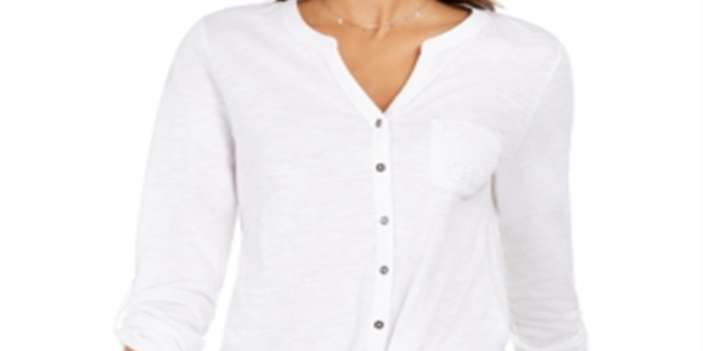 Style & Co Women's Cotton Embroidered Tie Hem Shirt White Size Petite XL