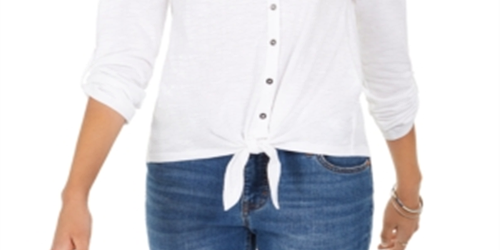 Style & Co Women's Cotton Embroidered Tie Hem Shirt White Size Petite XL