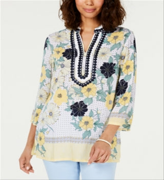 Charter Club Women's Printed Embroidered Split Neck Tunic Yellow Size Large