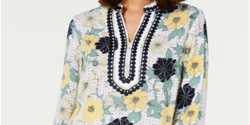 Charter Club Women's Printed Embroidered Split Neck Tunic Yellow Size Large