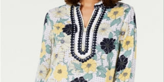 Charter Club Women's Printed Embroidered Split Neck Tunic Yellow Size Large