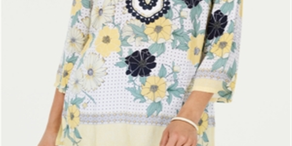 Charter Club Women's Printed Embroidered Split Neck Tunic Yellow Size Large
