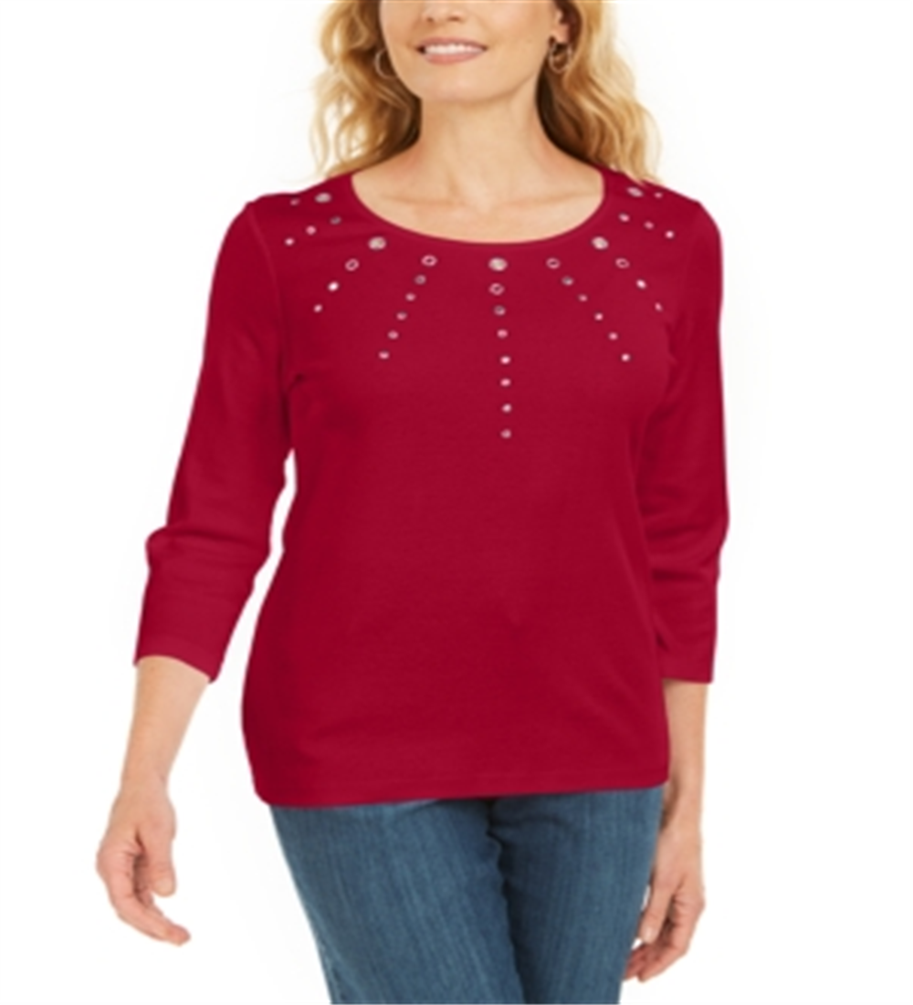 Karen Scott Women's Cotton Grommet Embellished Top Red Size Small