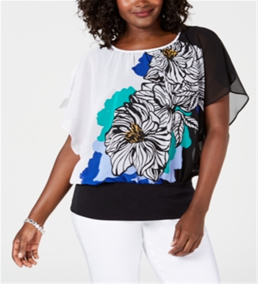 JM Collection Women's Printed Banded Hem Top Black Size Small