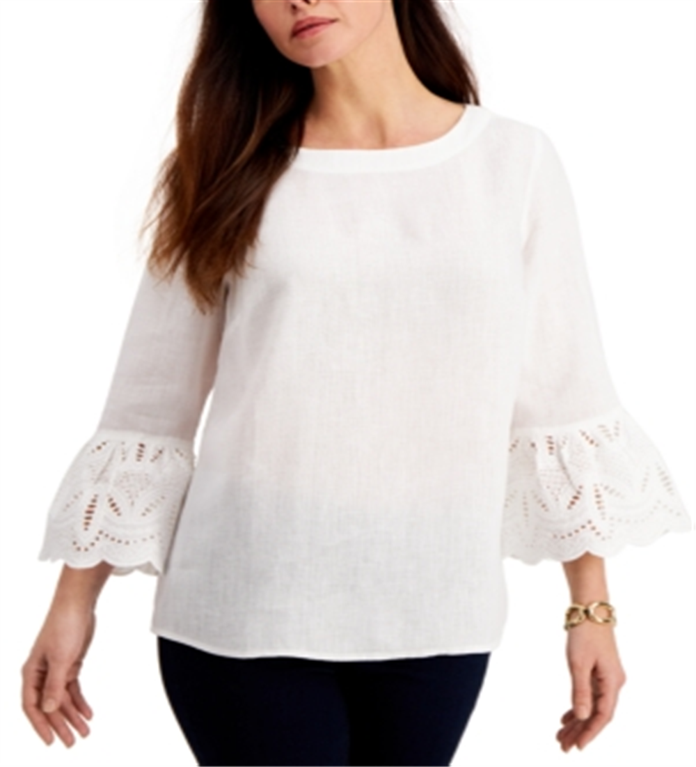 Charter Club Women's Eyelet Bell Sleeve Top White Size Medium
