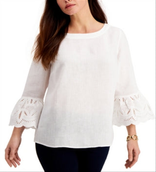 Charter Club Women's Eyelet Bell Sleeve Top White Size Medium