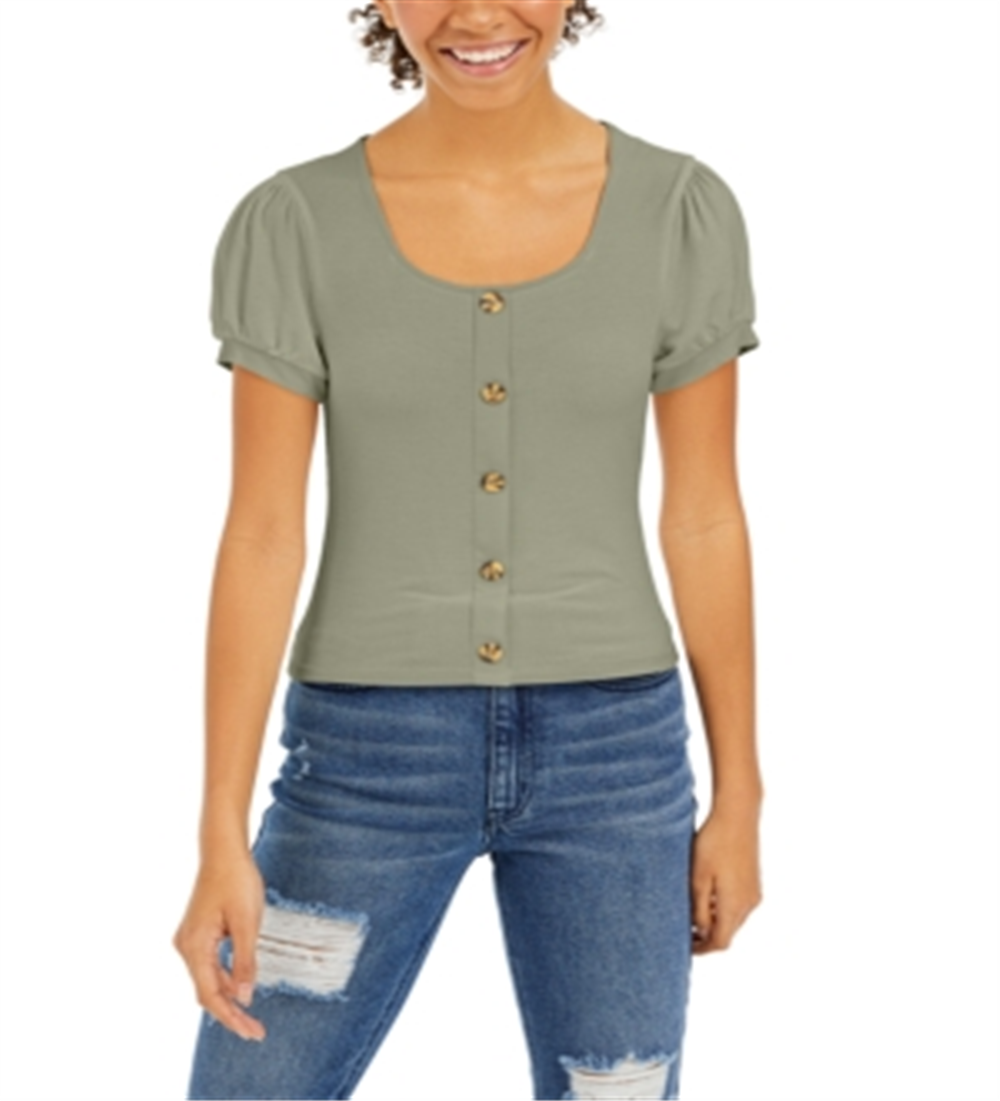 Pink Rose Junior's Ribbed Puff Sleeve Top Green Size Medium