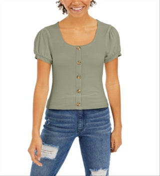 Pink Rose Junior's Ribbed Puff Sleeve Top Green Size Medium
