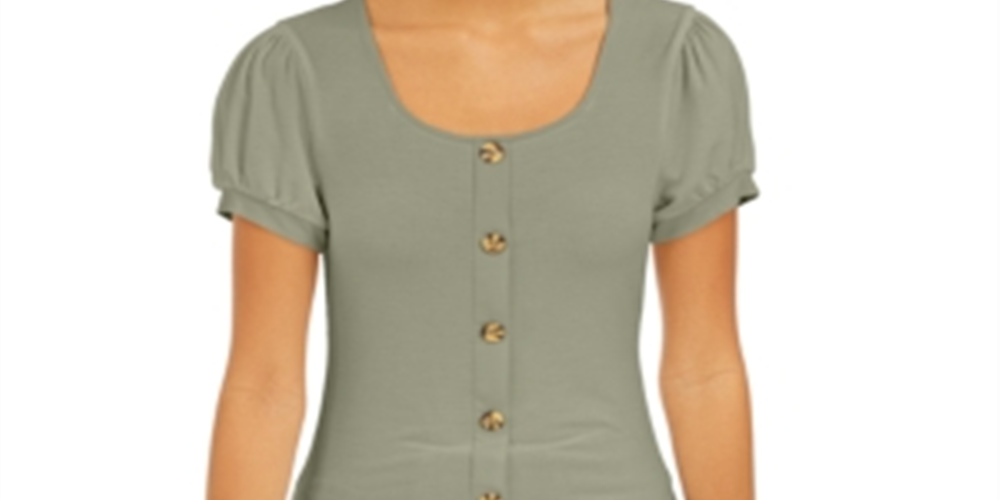 Pink Rose Junior's Ribbed Puff Sleeve Top Green Size Medium