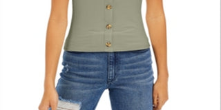 Pink Rose Junior's Ribbed Puff Sleeve Top Green Size Medium