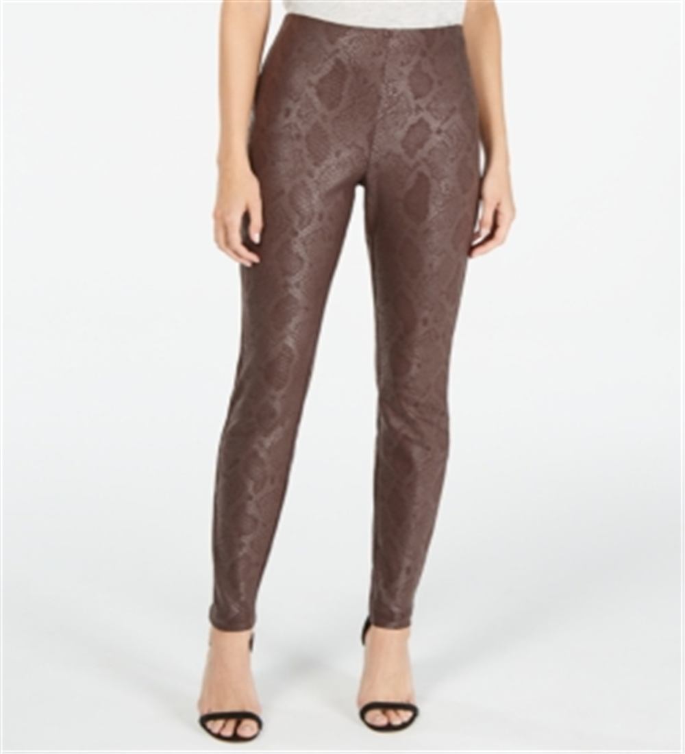 INC International Concepts Women's Metallic Python Embossed Skinny Pants Brown Size 14 Petite
