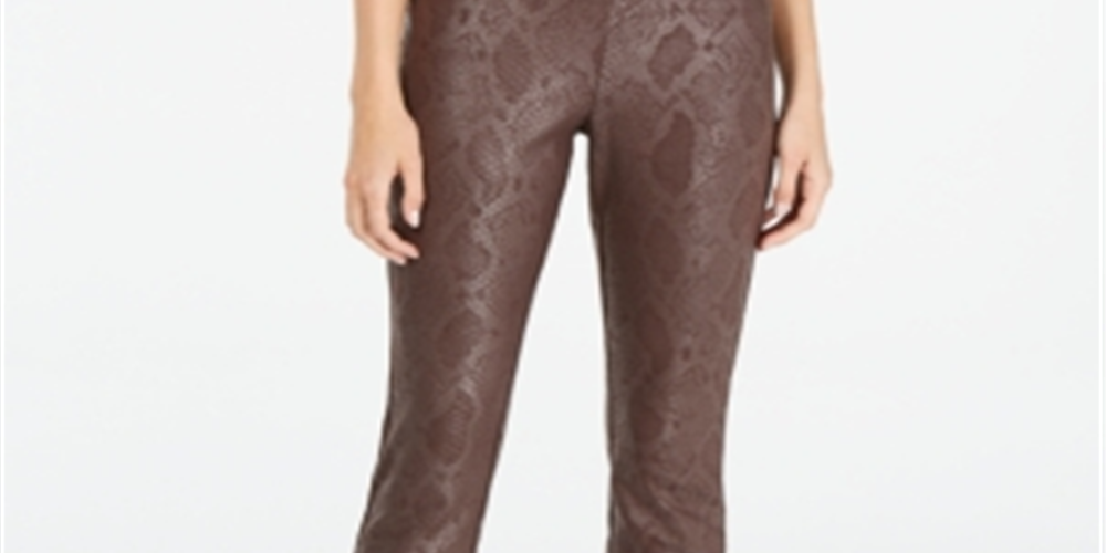 INC International Concepts Women's Metallic Python Embossed Skinny Pants Brown Size 14 Petite