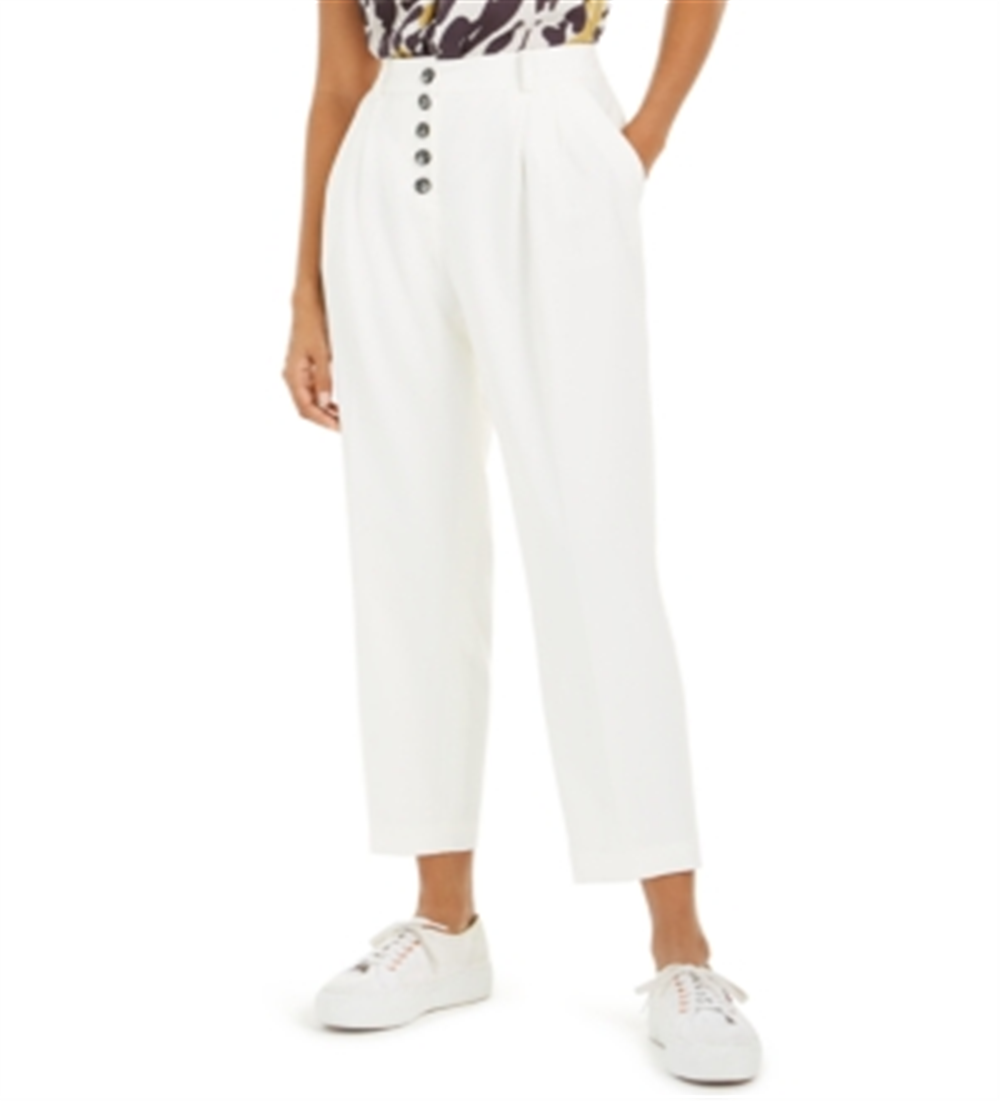 Bar III Women's Button Front Pleated Pants White Size 2
