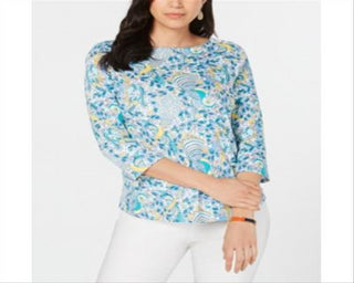 Charter Club Women's Pima Cotton Printed Boat Neck Top Blue Size Medium